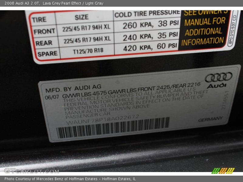 Lava Grey Pearl Effect / Light Gray 2008 Audi A3 2.0T