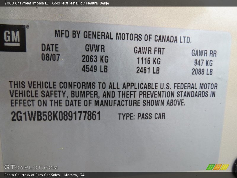 Gold Mist Metallic / Neutral Beige 2008 Chevrolet Impala LS