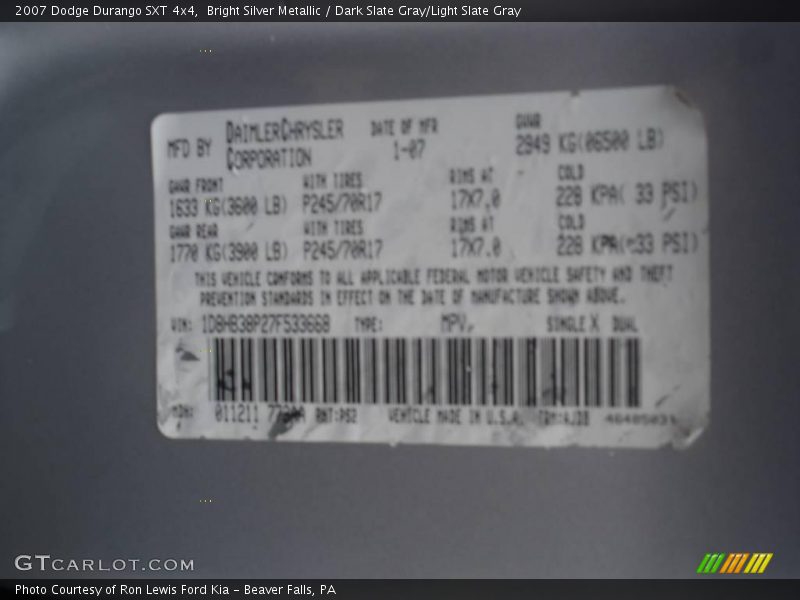 Bright Silver Metallic / Dark Slate Gray/Light Slate Gray 2007 Dodge Durango SXT 4x4