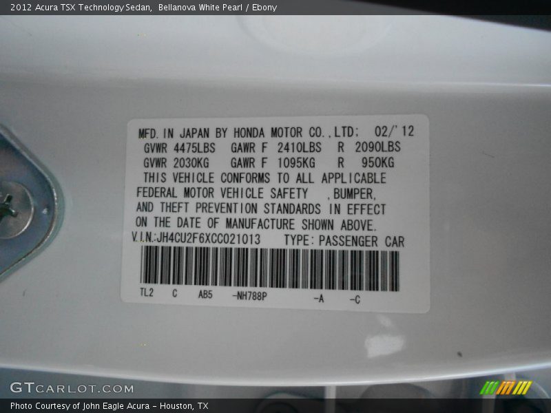 Bellanova White Pearl / Ebony 2012 Acura TSX Technology Sedan