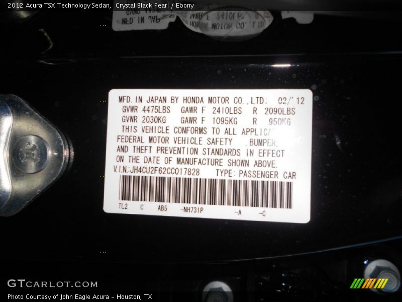 Crystal Black Pearl / Ebony 2012 Acura TSX Technology Sedan