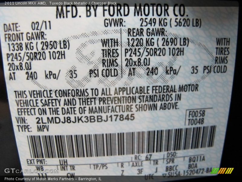 2011 MKX AWD Tuxedo Black Metallic Color Code UH