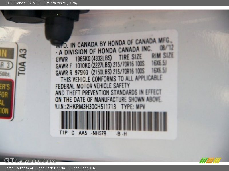 Taffeta White / Gray 2012 Honda CR-V LX