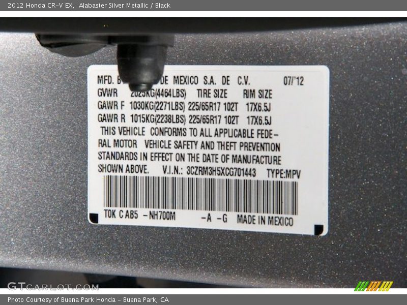 Alabaster Silver Metallic / Black 2012 Honda CR-V EX