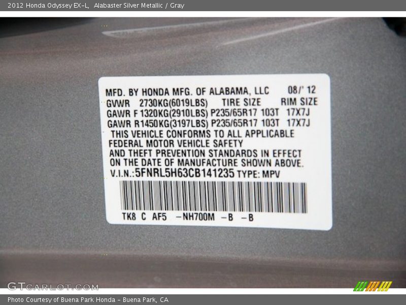 Alabaster Silver Metallic / Gray 2012 Honda Odyssey EX-L