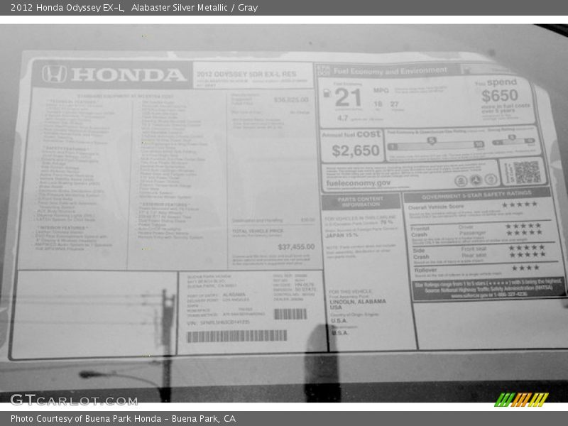 Alabaster Silver Metallic / Gray 2012 Honda Odyssey EX-L