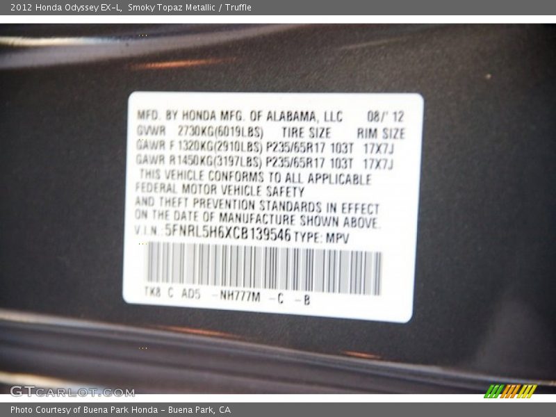 Smoky Topaz Metallic / Truffle 2012 Honda Odyssey EX-L