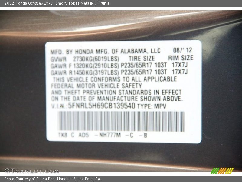 Smoky Topaz Metallic / Truffle 2012 Honda Odyssey EX-L