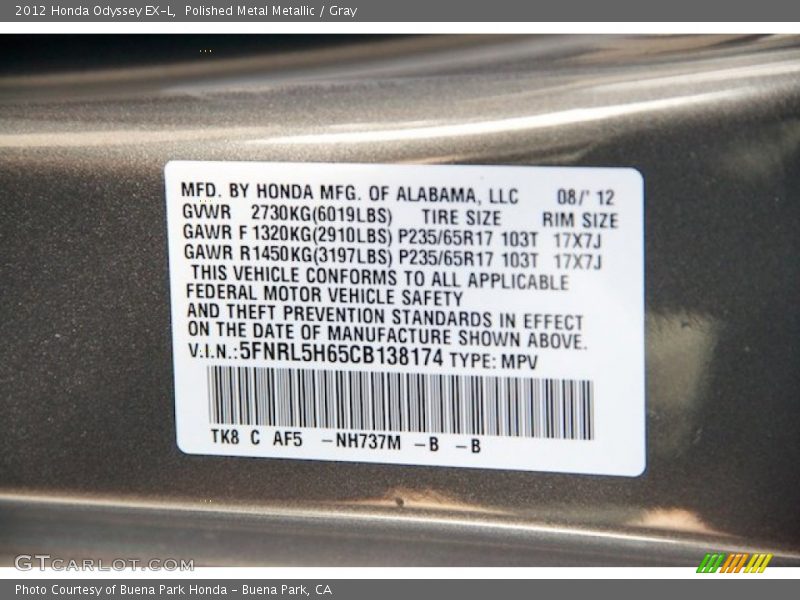 Polished Metal Metallic / Gray 2012 Honda Odyssey EX-L
