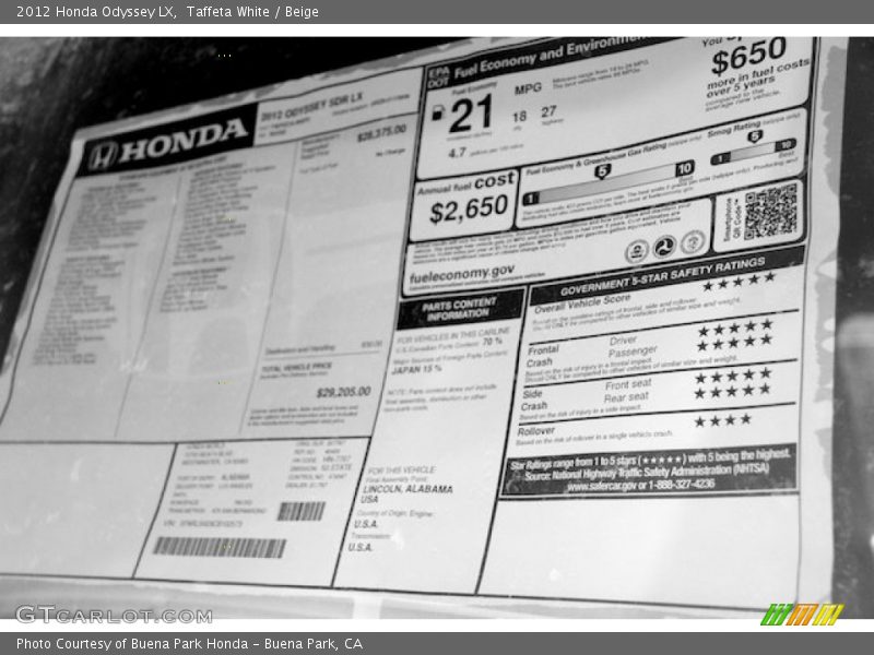 Taffeta White / Beige 2012 Honda Odyssey LX