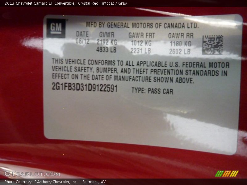 Crystal Red Tintcoat / Gray 2013 Chevrolet Camaro LT Convertible
