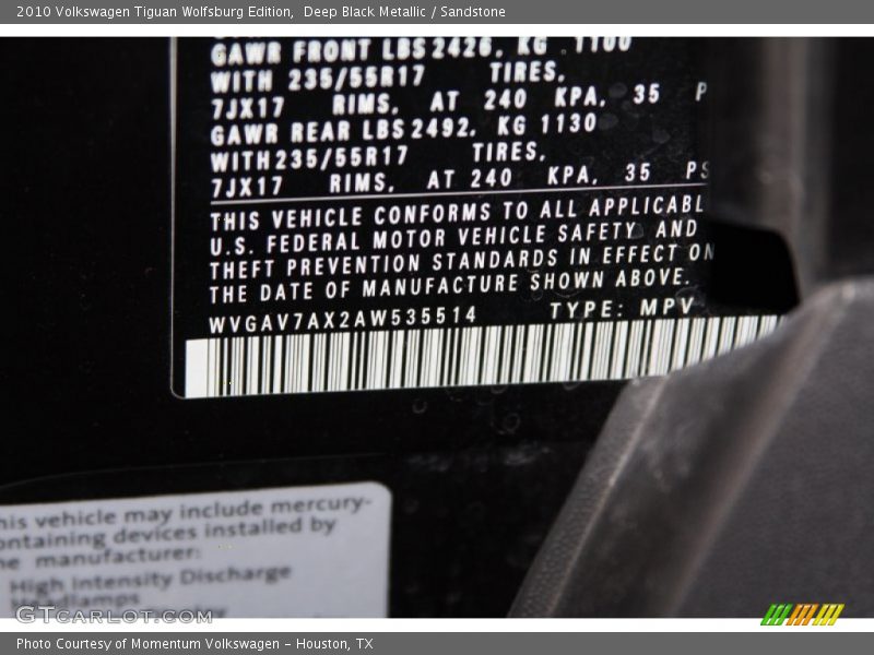 Deep Black Metallic / Sandstone 2010 Volkswagen Tiguan Wolfsburg Edition