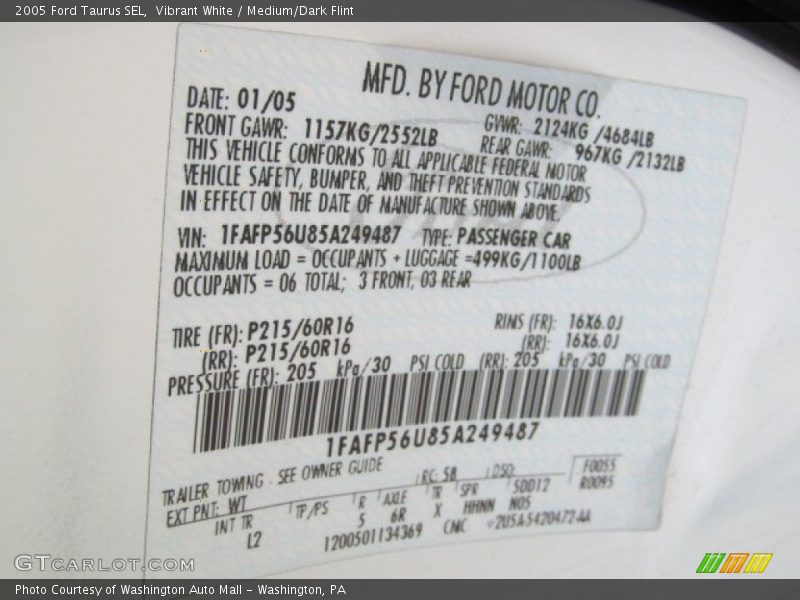 Vibrant White / Medium/Dark Flint 2005 Ford Taurus SEL