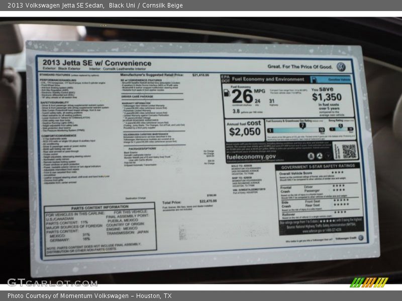 Black Uni / Cornsilk Beige 2013 Volkswagen Jetta SE Sedan