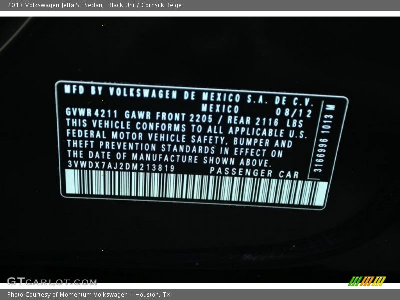 Black Uni / Cornsilk Beige 2013 Volkswagen Jetta SE Sedan