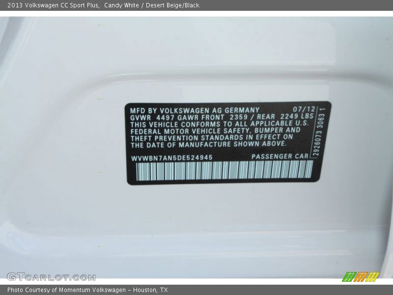 Candy White / Desert Beige/Black 2013 Volkswagen CC Sport Plus