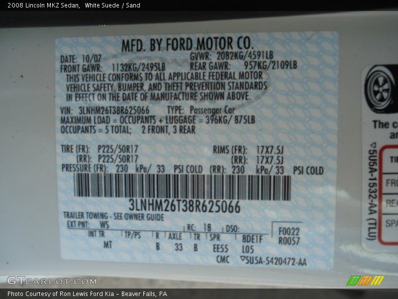 White Suede / Sand 2008 Lincoln MKZ Sedan