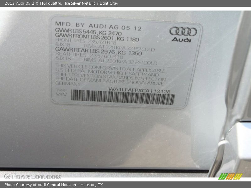 Ice Silver Metallic / Light Gray 2012 Audi Q5 2.0 TFSI quattro