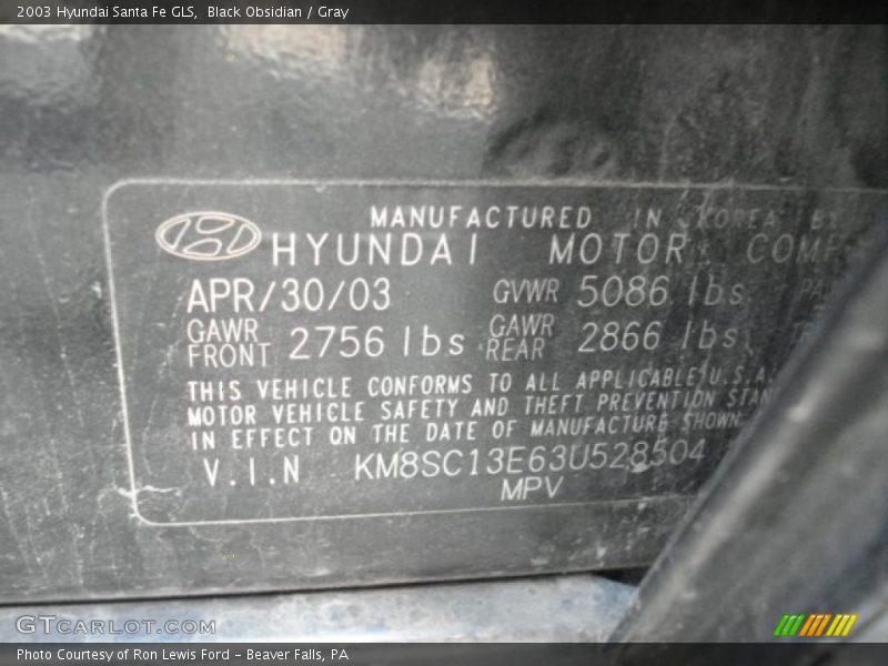 Black Obsidian / Gray 2003 Hyundai Santa Fe GLS