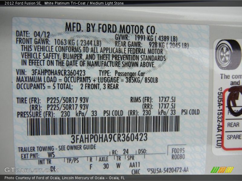 White Platinum Tri-Coat / Medium Light Stone 2012 Ford Fusion SE