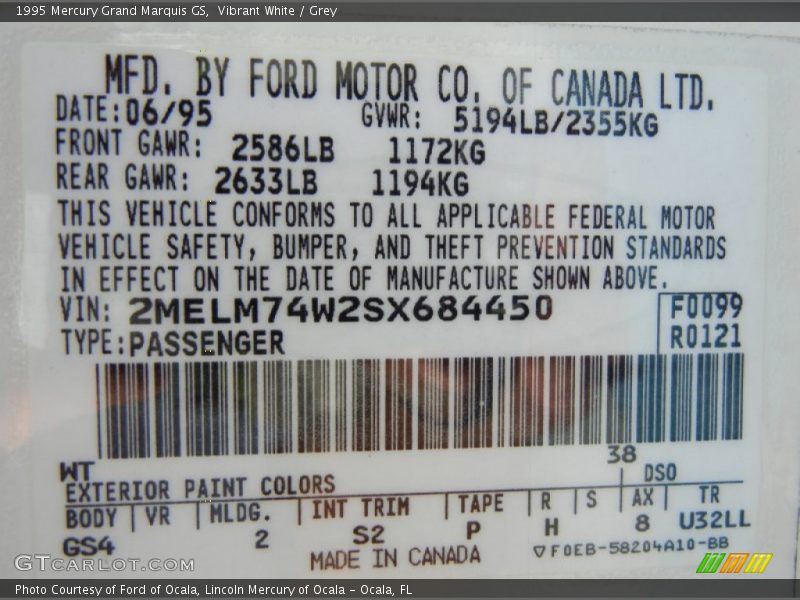 1995 Grand Marquis GS Vibrant White Color Code WT