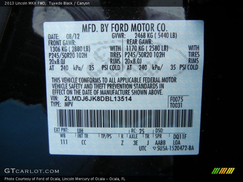 2013 MKX FWD Tuxedo Black Color Code UH