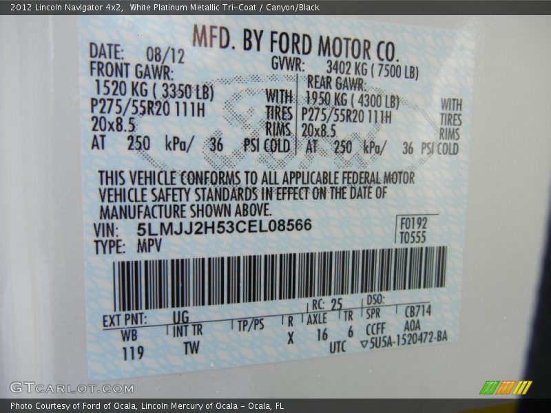 2012 Navigator 4x2 White Platinum Metallic Tri-Coat Color Code UG