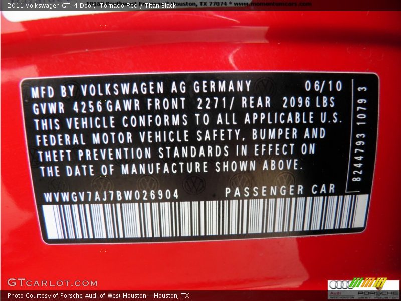 Tornado Red / Titan Black 2011 Volkswagen GTI 4 Door