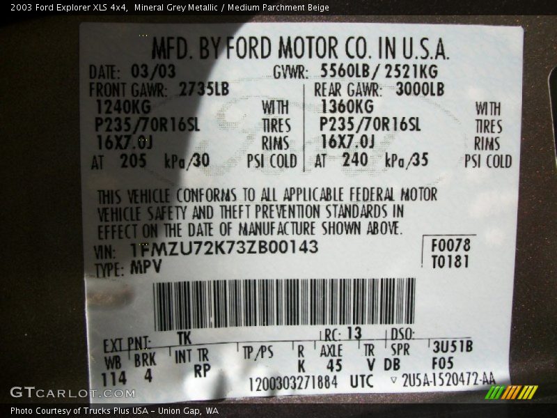 2003 Explorer XLS 4x4 Mineral Grey Metallic Color Code TK