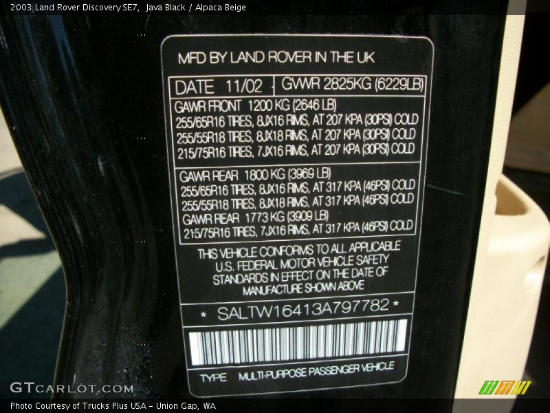 Info Tag of 2003 Discovery SE7