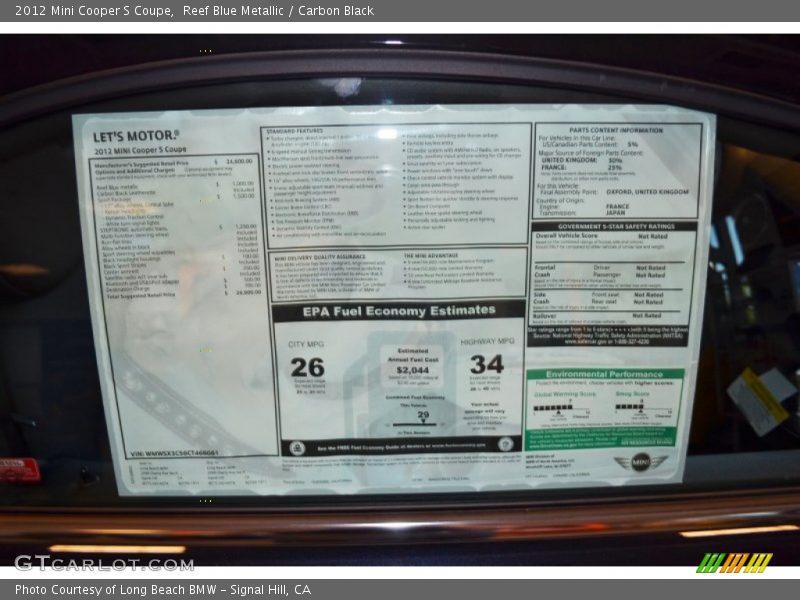  2012 Cooper S Coupe Window Sticker