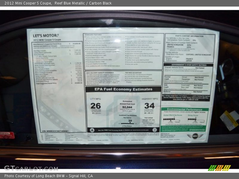 Reef Blue Metallic / Carbon Black 2012 Mini Cooper S Coupe