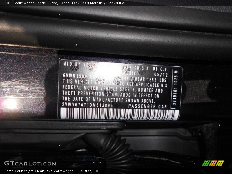 Deep Black Pearl Metallic / Black/Blue 2013 Volkswagen Beetle Turbo