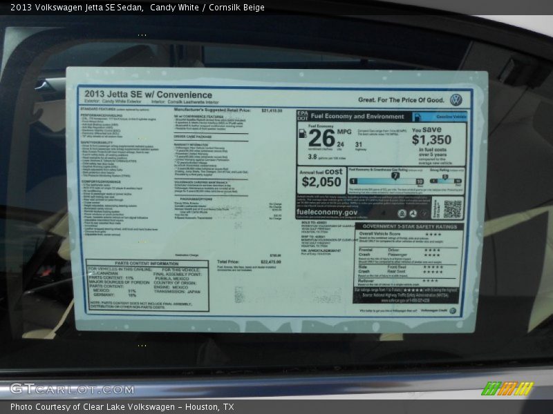 Candy White / Cornsilk Beige 2013 Volkswagen Jetta SE Sedan