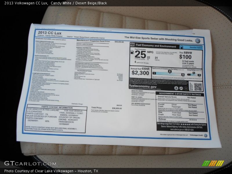Candy White / Desert Beige/Black 2013 Volkswagen CC Lux