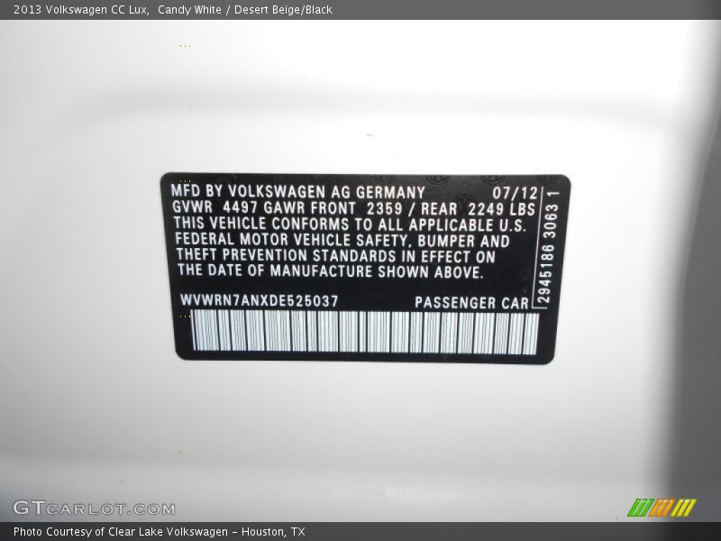 Candy White / Desert Beige/Black 2013 Volkswagen CC Lux
