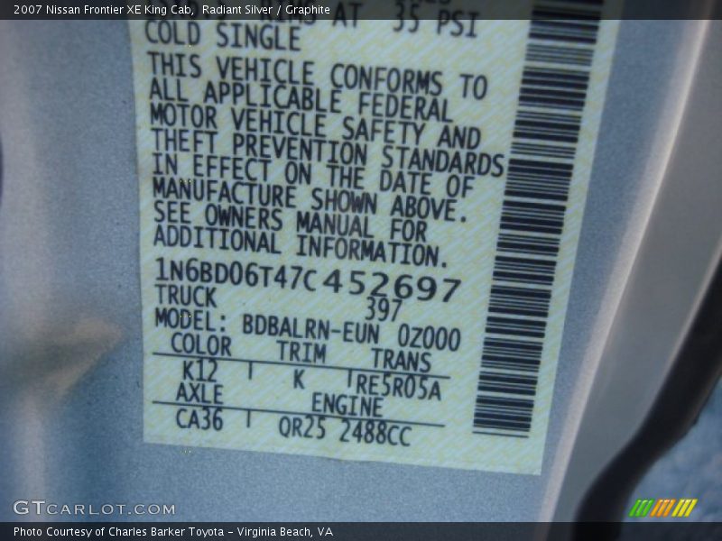 Radiant Silver / Graphite 2007 Nissan Frontier XE King Cab