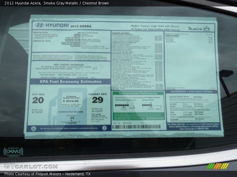  2012 Azera  Window Sticker