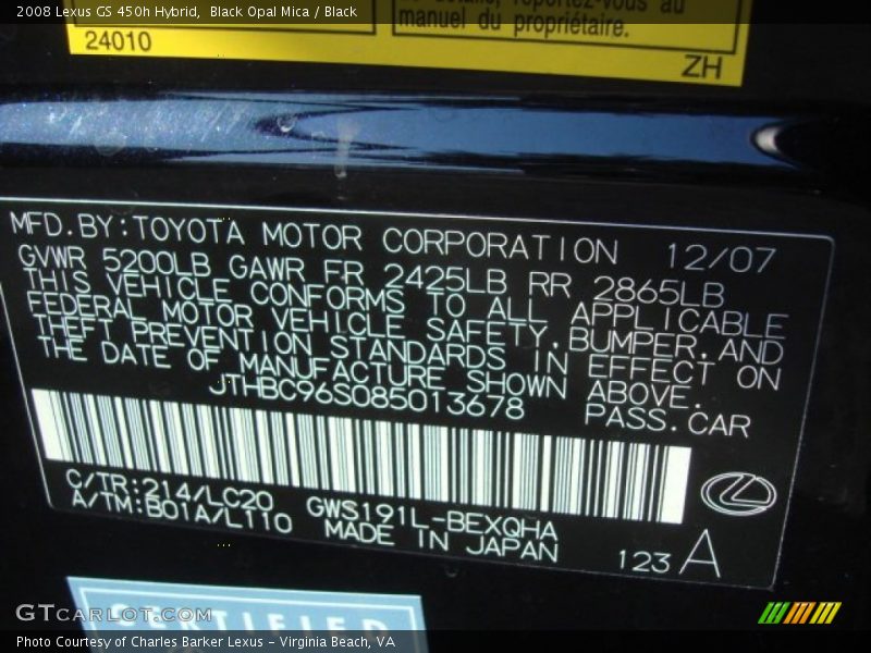 2008 GS 450h Hybrid Black Opal Mica Color Code 214