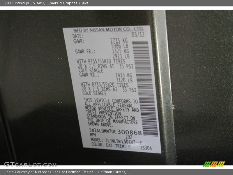 2013 JX 35 AWD Emerald Graphite Color Code EAJ