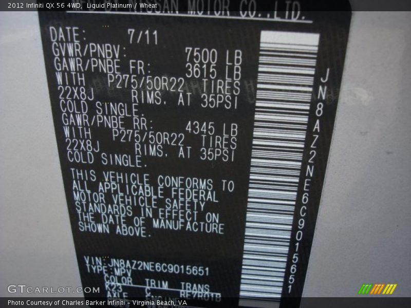 Liquid Platinum / Wheat 2012 Infiniti QX 56 4WD