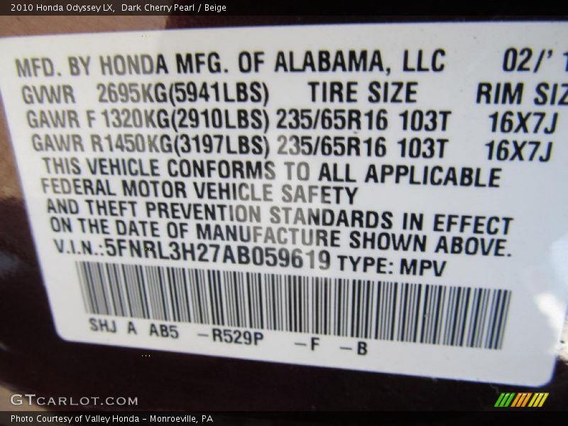 2010 Odyssey LX Dark Cherry Pearl Color Code R529P