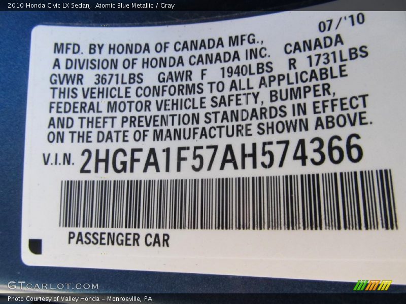 Atomic Blue Metallic / Gray 2010 Honda Civic LX Sedan