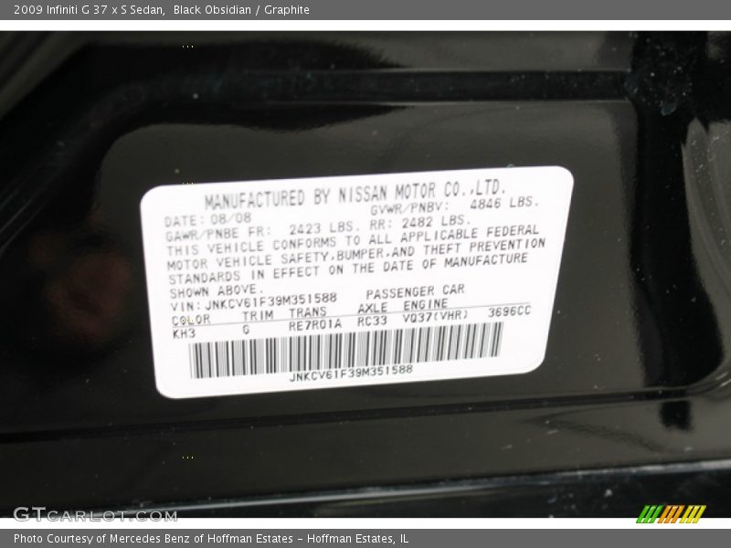 Black Obsidian / Graphite 2009 Infiniti G 37 x S Sedan