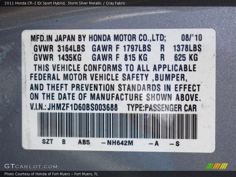 2011 CR-Z EX Sport Hybrid Storm Silver Metallic Color Code NH642M