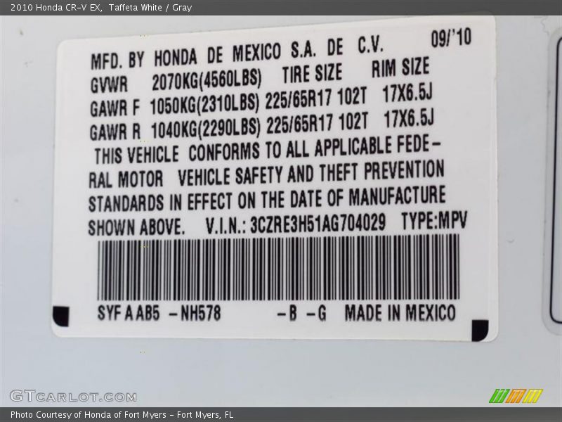 Taffeta White / Gray 2010 Honda CR-V EX