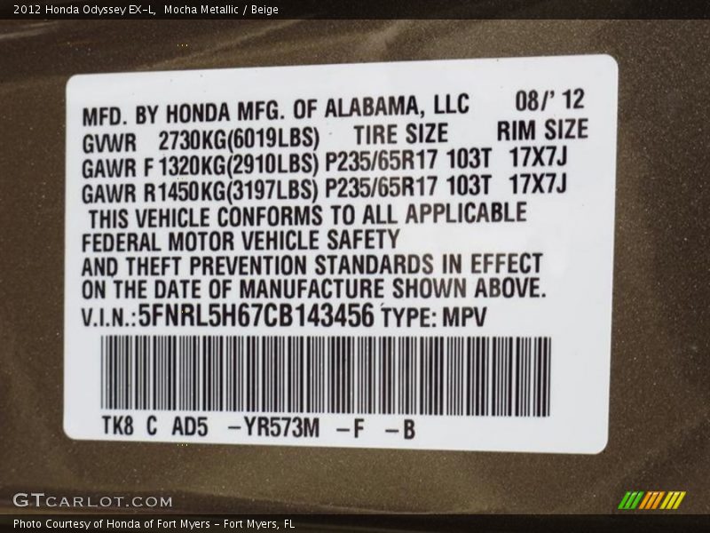 Mocha Metallic / Beige 2012 Honda Odyssey EX-L