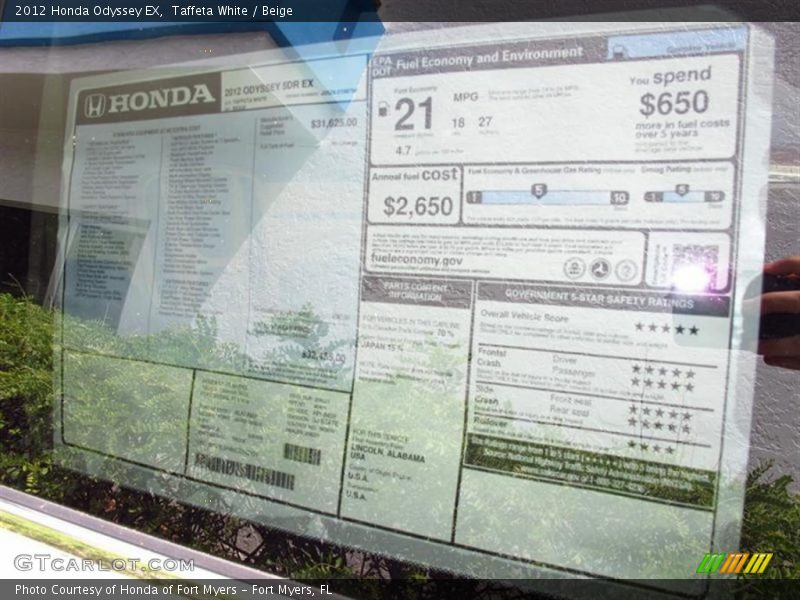 Taffeta White / Beige 2012 Honda Odyssey EX