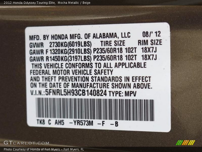 Mocha Metallic / Beige 2012 Honda Odyssey Touring Elite