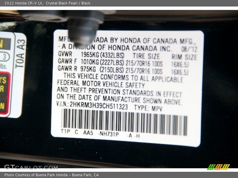 Crystal Black Pearl / Black 2012 Honda CR-V LX